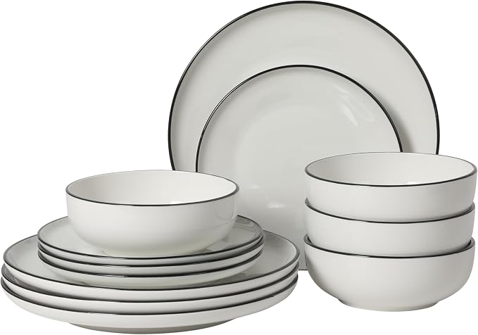 Gibson Home Havenstone 12-Piece Porcelain Dinnerware Set – Dinner Plates, Salad Plates & Bowls, Classic White With Black Rim Everyday Dish Set for Home, Kitchen, Microwave & Dishwasher Safe