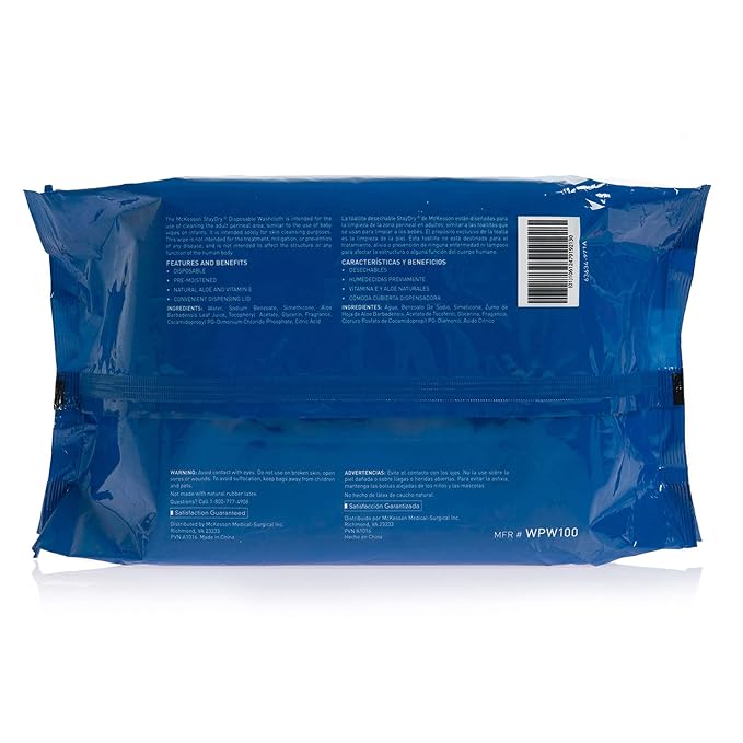 McKesson Disposable Wipe 1 Pack, 100 Washcloths - Large Adult Body and Incontinence Washcloths with Aloe and Vitamin E, Alcohol-Free, 100 Wipes Per Pack
