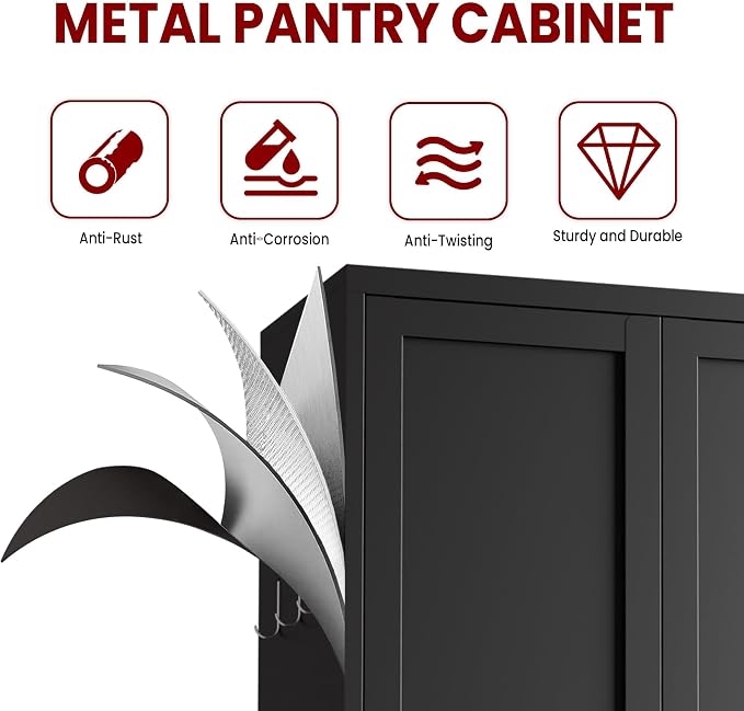 AQY Kitchen Pantry Cabinet,Black 73" Tall Pantry Storage Cabinet with Doors and Adjustable Shelves, Metal Food Pantry Cabinets with Handle, Freestanding Cupboard for Living Room-Assemble Required