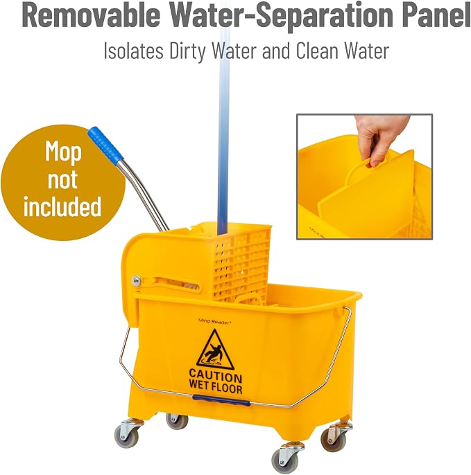 Mind Reader Mop Bucket with Wringer (Mop Not Included), 5.5 Gallon Cleaning Bucket with Wheels and Handle, Upward Press Wringer, Small Mop Compatible, Yellow
