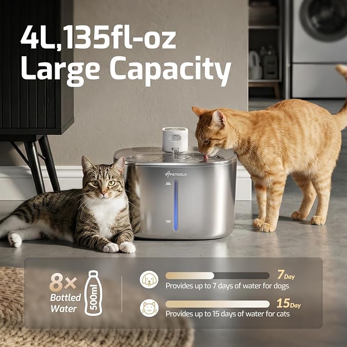Wireless Cat Water Fountain Stainless Steel,135floz/4L Battery Operated Automatic Pet Fountain,Cordless Cat Water Dispenser Pet Drinking Water Fountain for Multicat Cats Dog Outdoor