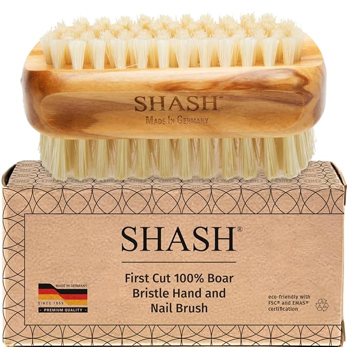 SHASH Made in Germany - 100% First Cut Boar Bristle Nail Brush - Gently Removes Dirt, Grime for Clean Hands - Exfoliates Skin for Soft, Smooth Texture, Wood (Olive)