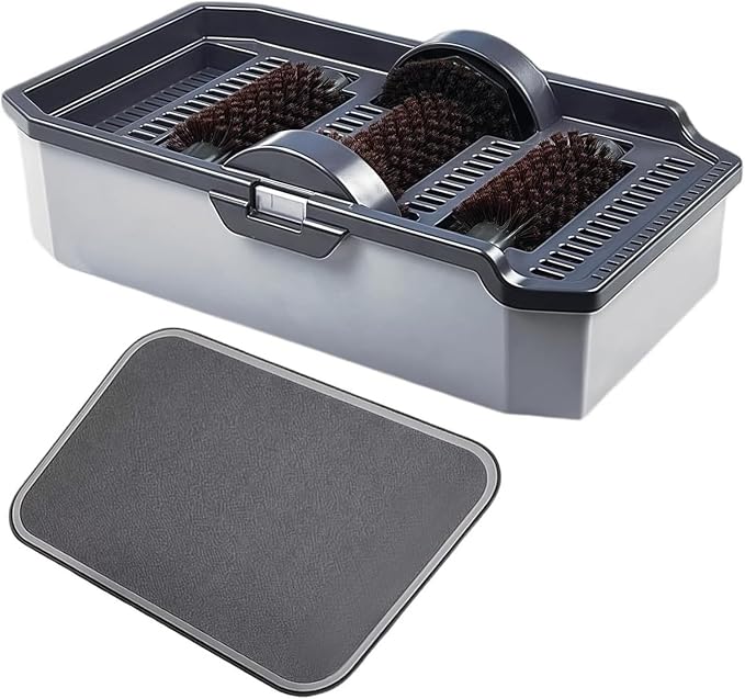 Car Washing Shoe Sole Cleaner Machine with 3 Scrub Brushes & 1 Absorbent Drying Mat, Detachable Boot Scrubber for Mud, Dirt, Workshop, Commercial Entrances, Por