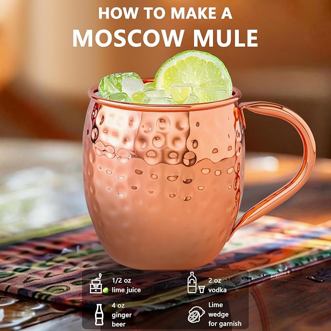 UNISWEET Moscow Mule Copper Mugs-100% Pure Copper Handmade, Classic Welding Handles, 16oz for Drinking, Premium Moscow Mule Copper Cups Set of 4 for Cold Drinks Cocktail Beer Wine Party Bar