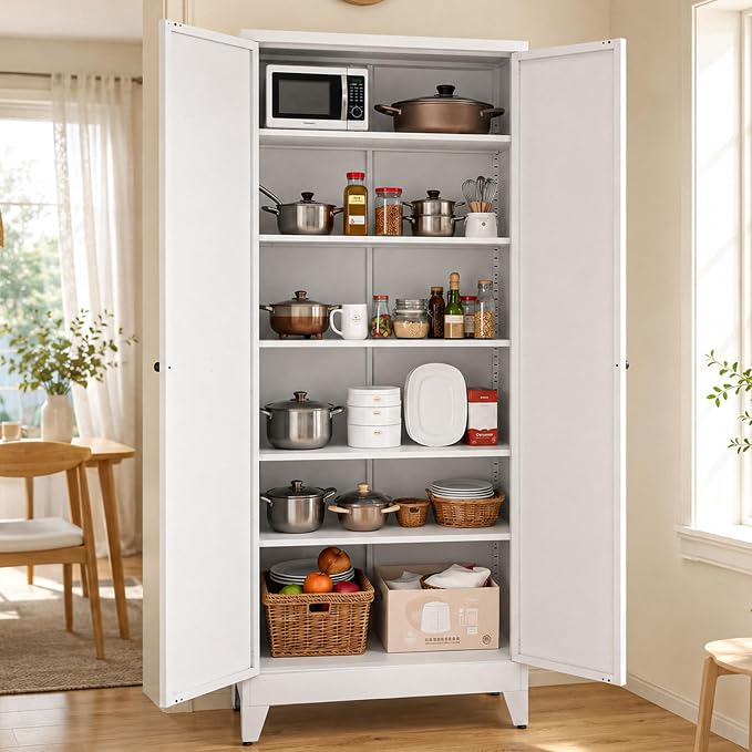 AQY Metal Pantry Cabinet, 75" White Kitchen Storage Cabinet with Doors | 5 Adjustable Shelves Ventilated Metal Cabinet Hanging Hooks Freestanding Kitchen Storage