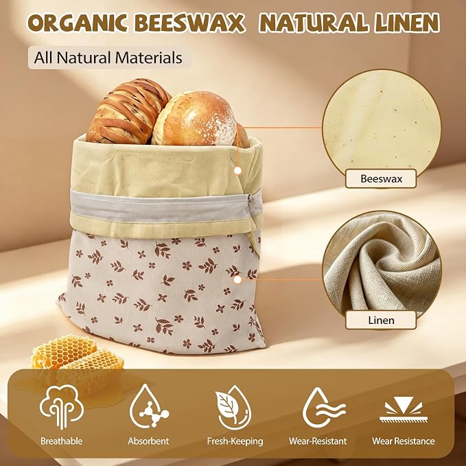 Large Linen Beeswax Bread Bags(2 Pack) Sourdough Bread Bags Reusable Double-Lock Freezer Baking Container Gift Giving for Homemade,Loaf,Sourdough,Food Storage (Vintage Leaf Pattern)