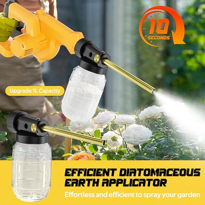 Rozlchar Electric Diatomaceous Earth Duster Compatible for DeWALT 20V Battery (Tool Only), 1L Capacity Garden Powder Sprayer with 7.5″ Nozzle, Leaf Blower Replacement, Farm & Coop Applicator
