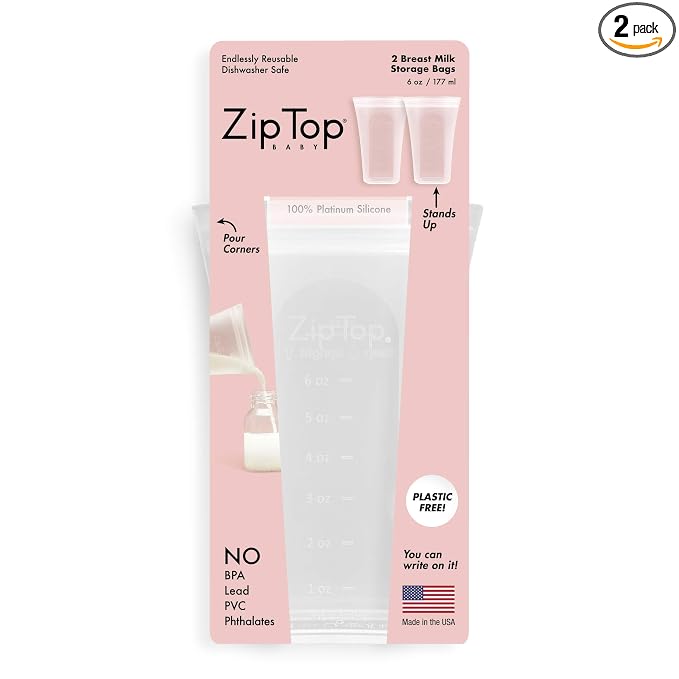 Zip Top Reusable 100% Silicone Breast Milk Storage Bags That Stand Up Stay Open and Zip Shut, Made in the USA - Set of 2 Bags