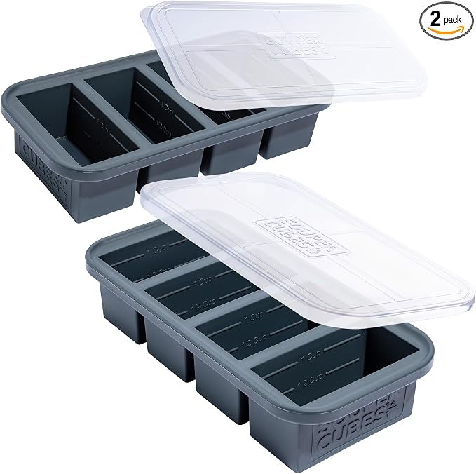 Souper Cubes 1 Cup Silicone Soup Freezer Molds with Lids, Charcoal, 2-Pack | 100% Platinum-Cured Silicone Freezer Cubes, Oven and Microwave Safe, Perfect for Freezing Soup, Protein, Grains and More