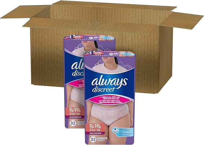 Always Discreet Adult Diapers for Women, Incontinence Underwear, Postpartum Essentials, Disposable Briefs, Max Absorbency, Bladder Leak Protection, Extra Large/XL, 64ct