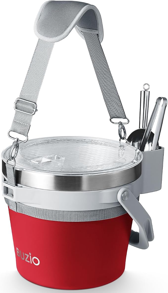 BUZIO 7.4 Qt/7 L Double Wall Insulated Ice Bucket with Lid Scoop & Tongs | Stainless Steel Beer Bucket for Party Cocktail Bar Champagne, Adjustable Shoulder Strap, Holds 6 Longnecks or 3 Wine Bottles