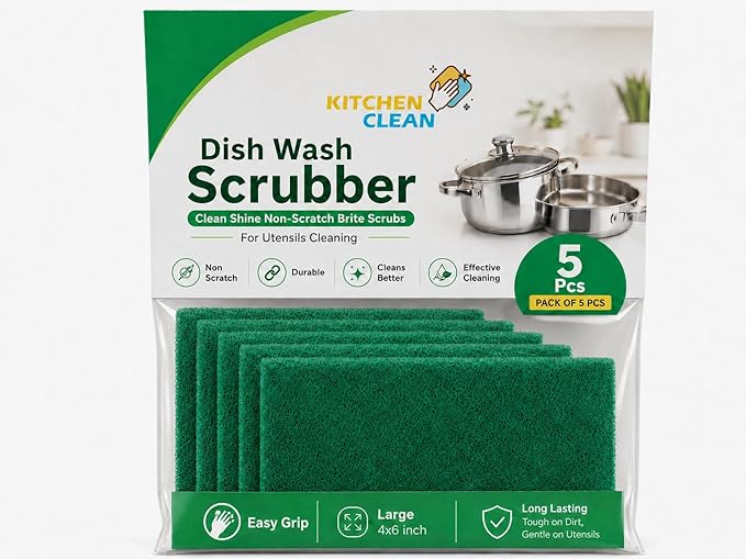 ™ 5 Pcs Large Kitchen Scrub Pads | Dish wash Scrubber | Non Scratch - Durable - Long Lasting | Clean Shine Brite Utensils Scrub Pads (Green, Large 4x6 inch, Pack of 5 Pcs)