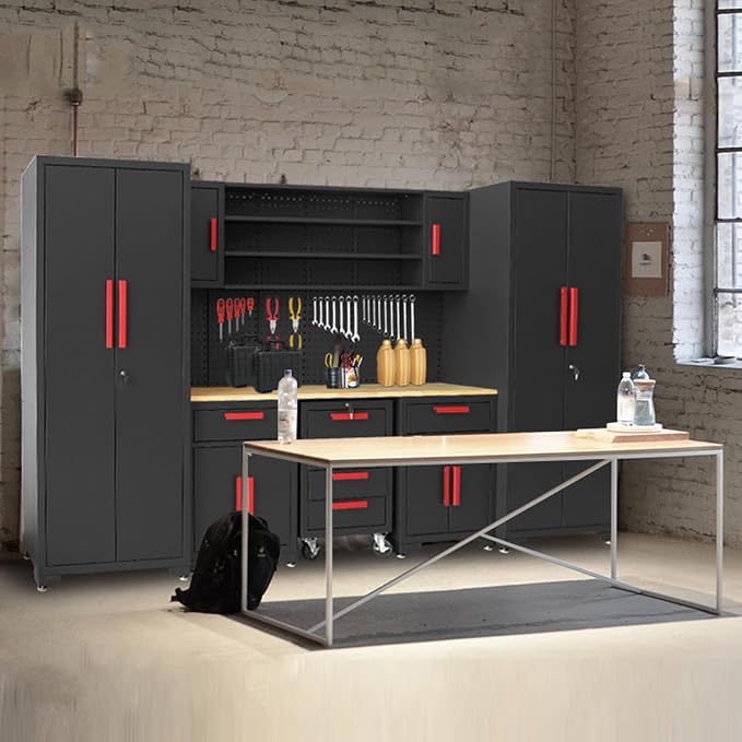 Torin Garage Storage Cabinets System, 8-Pcs Workshop Cabinet Set in Black | Included Steel Cabinets Drawers Rolling Chest and Pegboard,Locked Garage Storage Cabinet