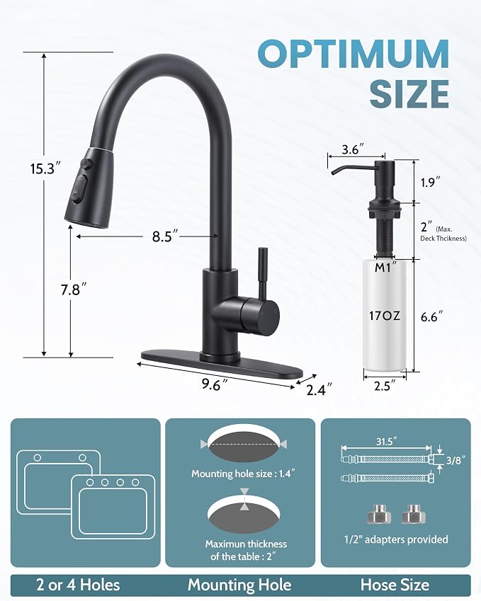 WOWOW Black Kitchen Faucet with Soap Dispenser, Stainless Steel Kitchen Sink Faucet, Matte Black Kitchen Faucet Single Handle High Arc Utility Sink Faucet for Sink, RV, Laundry, Bar