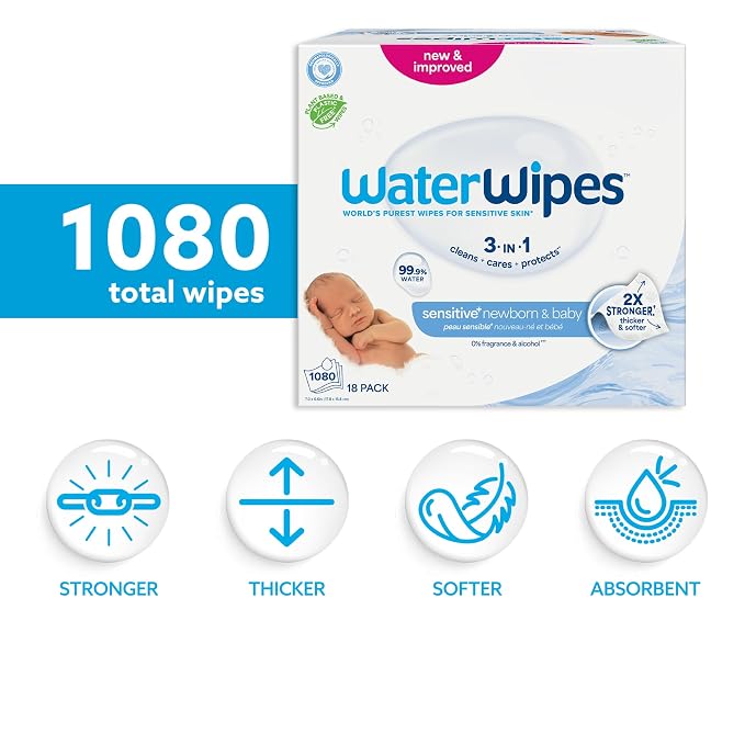 WaterWipes Sensitive+ Newborn & Baby Wipes, 3-In-1 Cleans, Cares, Protects, 99.9% Water, Unscented & Hypoallergenic, 1080 Count (18 Packs)