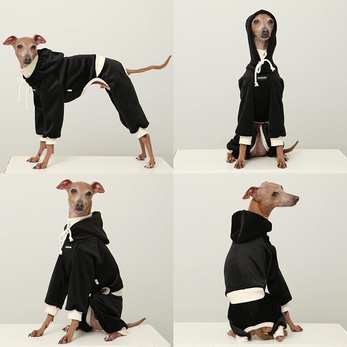 D Doggy Star Italian Greyhound Clothes, Corduroy Velvet Hooded Jumpsuit, Stretchy and Cozy (2XL,Hoodie Black)