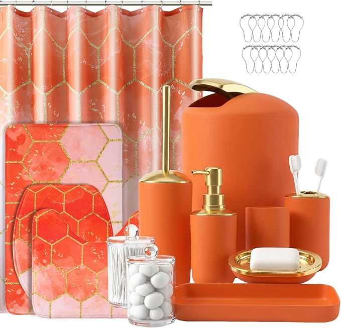 25 Pieces Bathroom Set Orange and Gold Bathroom Accessories Set, Shower Curtain and Rugs, Trash Can, Toilet Brush, Soap Dispenser, Soap Dish, Toothbrush Holder, Tumbler, Tray, Qtip Holder