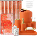 25 Pieces Bathroom Set Orange and Gold Bathroom Accessories Set, Shower Curtain and Rugs, Trash Can, Toilet Brush, Soap Dispenser, Soap Dish, Toothbrush Holder, Tumbler, Tray, Qtip Holder