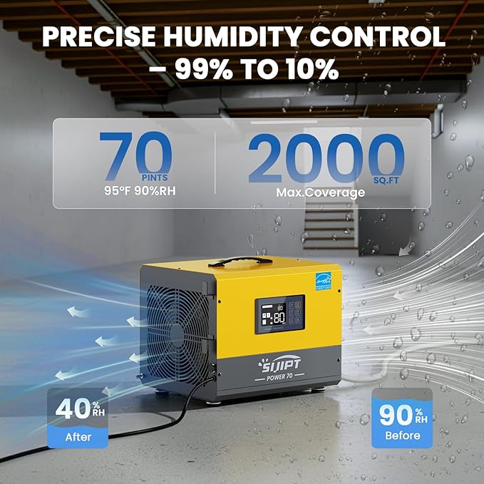 70 Pint Crawl Space Dehumidifier with Pump for 2000 Sq Ft – Energy Star Commercial for Basement, Auto Defrost, Memory Restart, Drain Hose