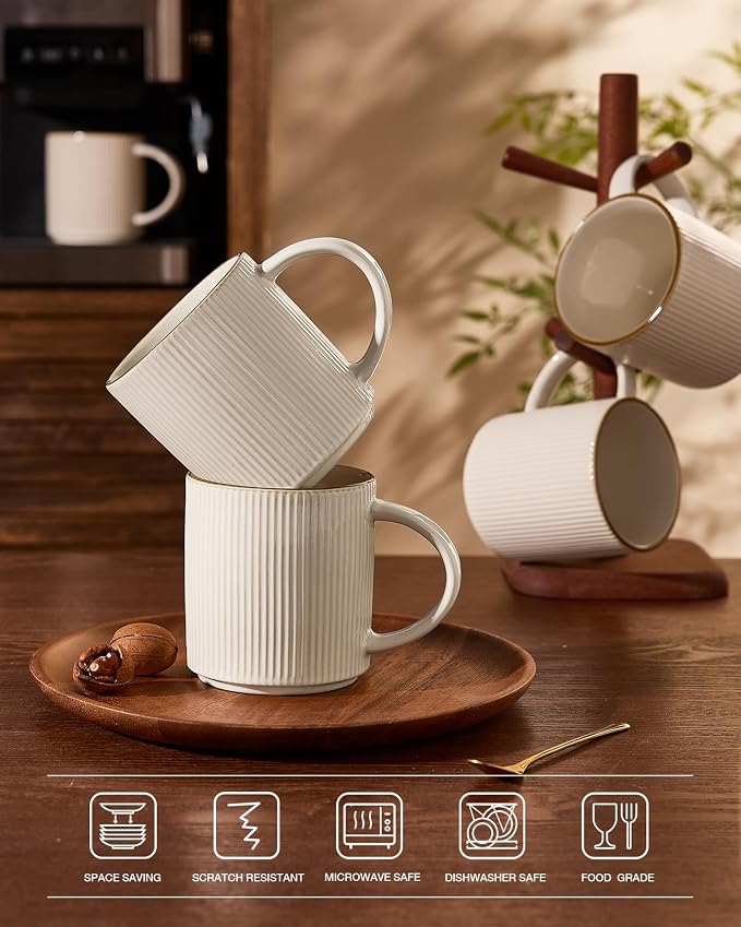 famiware Coffee Mug Set for 8, Star 16 oz Catering Mugs Cup Set with Handle for Coffee, Tea, Cocoa, Milk - Ceramic Stoneware Drinkware Set, White