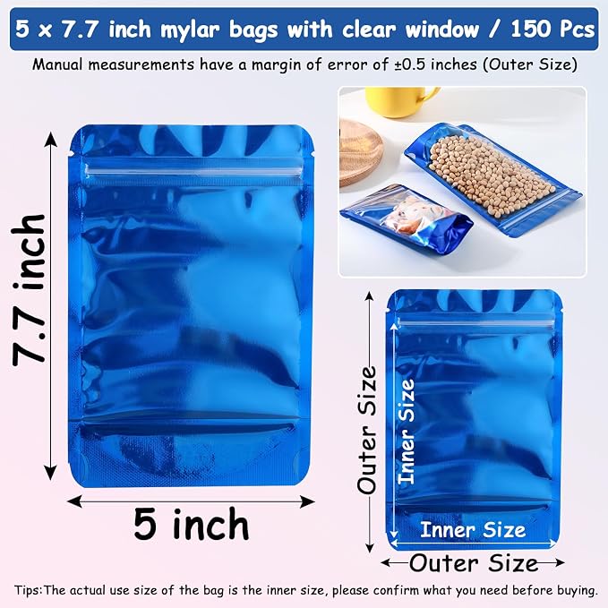 150 Pcs Mylar Bags for Food Storage, 5x8 Mylar Bag with Window Stand Up, Small Holographic Resealable Bags Smell Proof Bag Food Packaging for Small Business Freeze Dried Candy Jewelry Foil Packaging