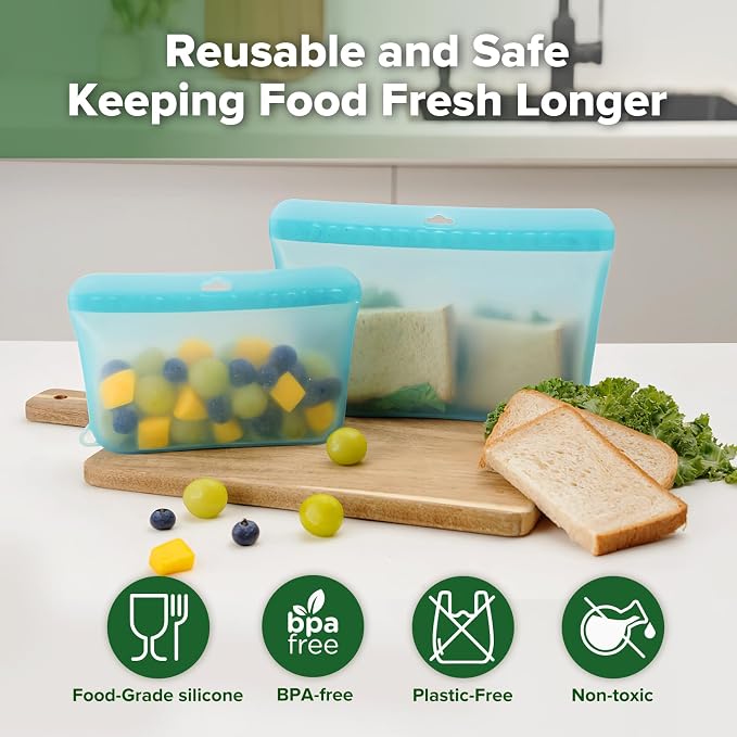 Haakaa Dot Seal Reusable Silicone Food Storage Bags,3 Pack-Silicone Leakproof Freezer & Sandwich Snack Bags,BPA Free Baby Food Containers, Microwave & Dishwasher Safe,Turquoise (16oz, 33oz, 50.7oz)