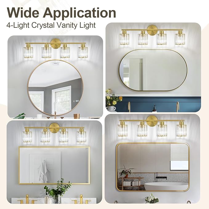 Crystal Bathroom Light Fixtures, Bathroom Lighting Fixtures Over Mirror, Modern 4-Light Gold Vanity Lights for Mirror, Restroom, Kitchen(Ceramic E26 Socket,Bulbs Not Include)