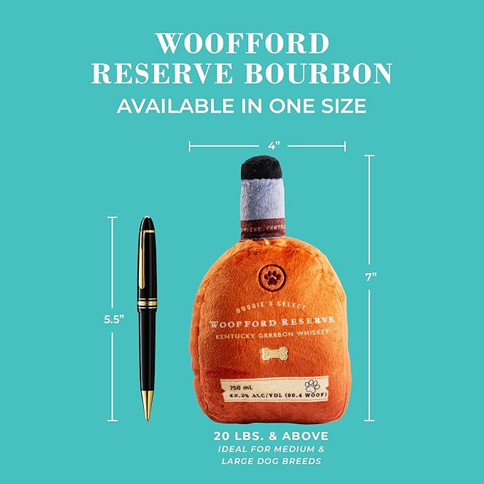 Haute Diggity Dog Woofford Reserve Bourbon Bottle Parody Plush Dog Toy for Medium & Large Dogs, Funny Drink-Inspired Stuffed Dog Toys with Interactive Squeaker, Machine-Washable, Durable & Safe