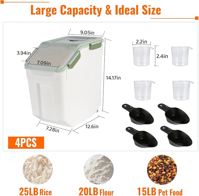 4 Pack Rice Container 25 lbs Large Bulk Flour Sugar Storage Holdhouse Plastic Grain Cereal Dry Goods Bin with Spoon and Measuring Cup for Kitchen Pantry Organization - Green