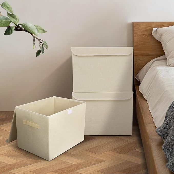 Bagnizer Large 42 Quarts Collapsible Stackable Storage Bins Cube with Lids [3-Pack] Foldable Fabric Linen Storage Boxes, Closet Organizer Baskets with Label for Home (16.7 x 12 x 12, Beige)