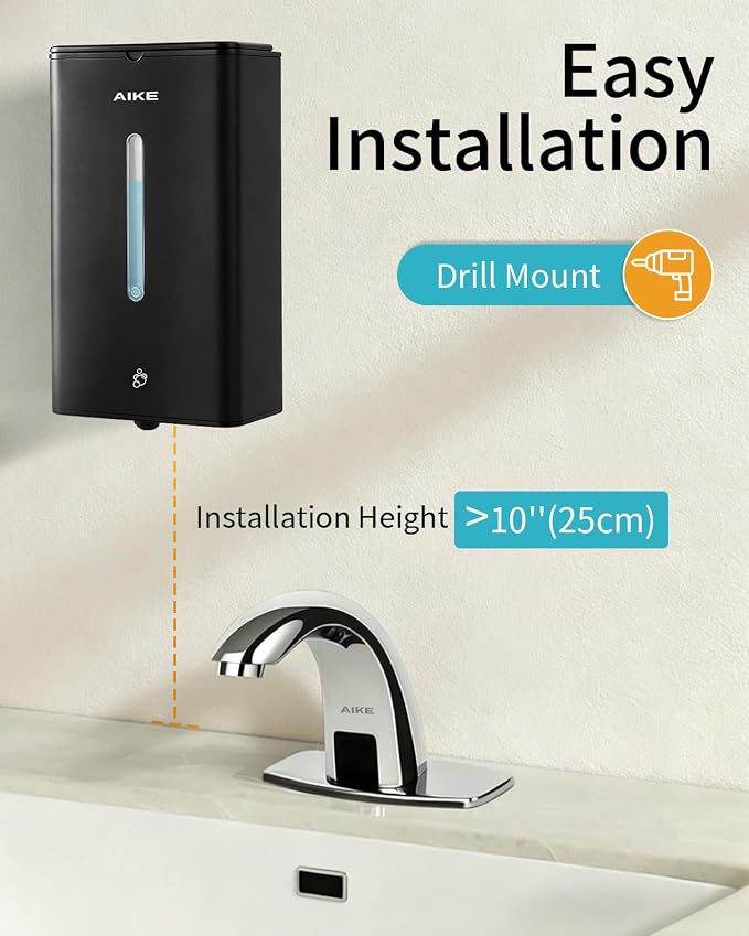 AIKE Automatic Foam Soap Dispenser 33.8oz for Bathroom,Matteblack AK1207FA | Rich Foam and Steel Finish,5-Level Adjustable and Key for Commercial(Battery Not Included),Screw Wall Mount for Space-Saving
