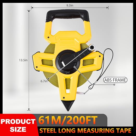 200ft/61m Open Reel Long Tape Measure, 1/2" Nylon-Coated Steel Blade, Dual Inch/Metric Scales, ABS Impact-Resistant Case for Construction, Surveying, Yellow