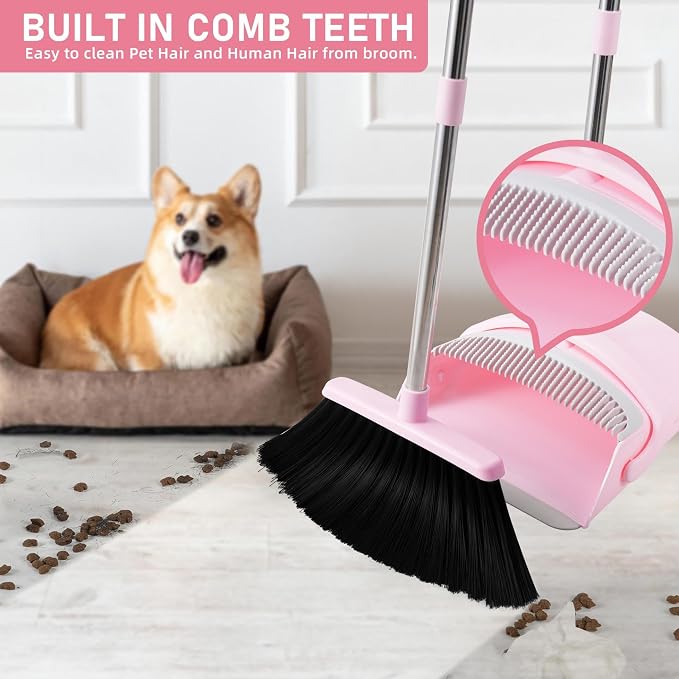 Pink Broom and Dustpan Set for Home, 52-in Long Handle Broom with Dustpan Combo with Dustpan Teeth Easy to Scrape Off Pet Hair, Indoor&Outdoor Sweeping（Pink）