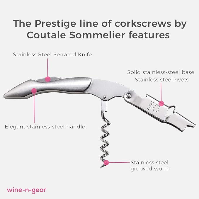 Prestige Waiters Corkscrew By Coutale Sommelier - Stainless Steel - Handmade and Sustainable Pinewood Crate - French Patented Spring-Loaded Double Lever Wine Bottle Opener for Bartenders and Gifts