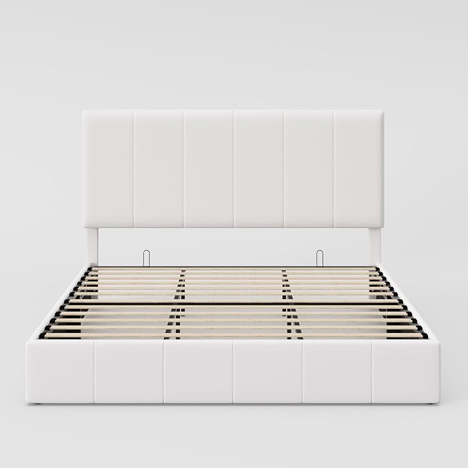 Allewie King Size Velvet Lift Up Hydrualic Storage Bed Frame, White | Vertical Channel Tufted Headboard, Hydrualic Underneath Storage, Upholstered Platform Bed, No Box Spring Needed