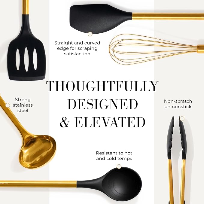 Black and Gold Kitchen Utensils Set - 7-Piece Silicone Cooking Tools with Gold Utensil Holder for Nonstick Cookware and Modern Kitchens - Stylish Luxury Kitchen Accessories