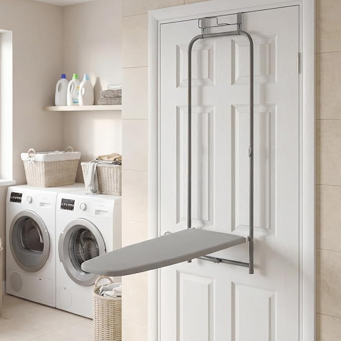 Over Door Ironing Board, Foldable Hanging Ironing Board with Built-in Iron Holder & 3-Tier Cotton Cover, Compact Ironing Station for Laundry Room, Apartment, Dorm, Home
