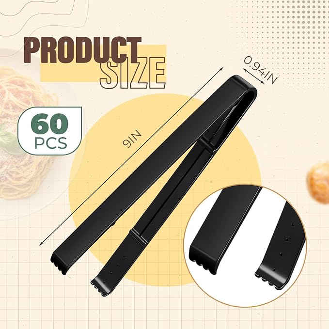 60 Pcs Plastic Tongs for Serving Bulk 9 Inch Black Plastic Disposable Serving Tongs Heavy Duty Salad Utensils for Kitchen Buffets BBQ Events Weddings Party