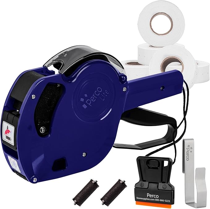 Perco Lite 1-Line Price Gun Kit, 5White Label Rolls, Gun Clip & Ink Rollers