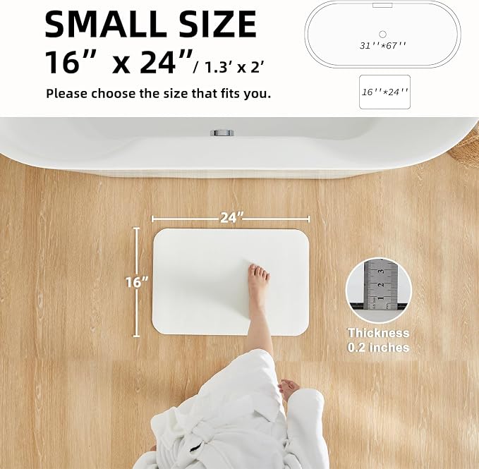 TYUU White Bath Mat, Bathroom Rugs Non Slip Washable Thin Absorbent Quick Dry Bath Mat Fits Under Door Bathroom Floor Mat Perfect for Bath, Shower, or Sink 16"x24" White