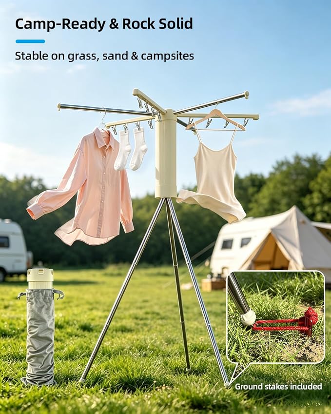 Foldable Tripod Clothes Drying Rack for Balcony, Hotel, Apartment, Bedroom | Portable Drying Rack Clothing Laundry Drying Rack for Travel, Camping with 3 Tent Pegs. Steel Frame with 12 Clips, Windproof