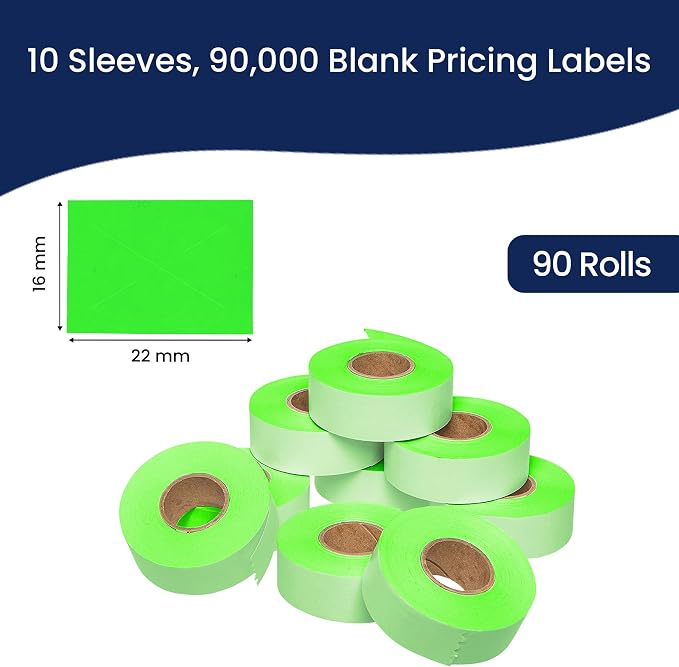 Perco Fluorescent Green Price Marking Labels - 90,000 Blank Labels for Garvey 22-66/22-77/22-88 Two Line Pricing Gun with Ink Rolls Included - 90 Rolls, 10 Sleeves - Made in USA