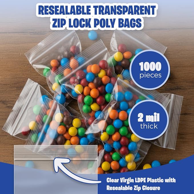 Seal Fresh 2 x 2 Inch Resealable Plastic Bags 1000 Pack — Clear Reclosable Mini Bags with Zipper Seal for Jewelry, Beads, Small Parts, Crafts, Hardware
