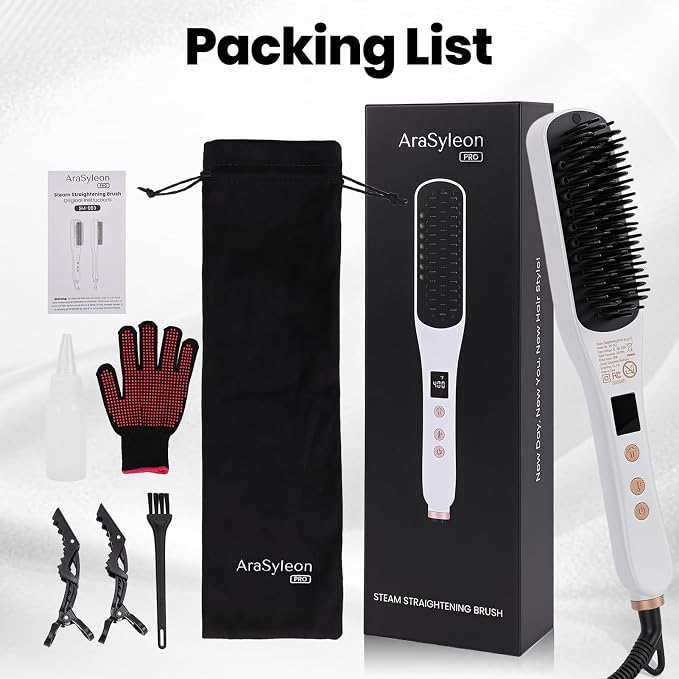 Steam Straightener Brush for Women Long Wavy Frizzy Hair, White | Dense ceramic bristles One pass straight 320-400℉ Anti-scald 5 temperature settings Dual voltage