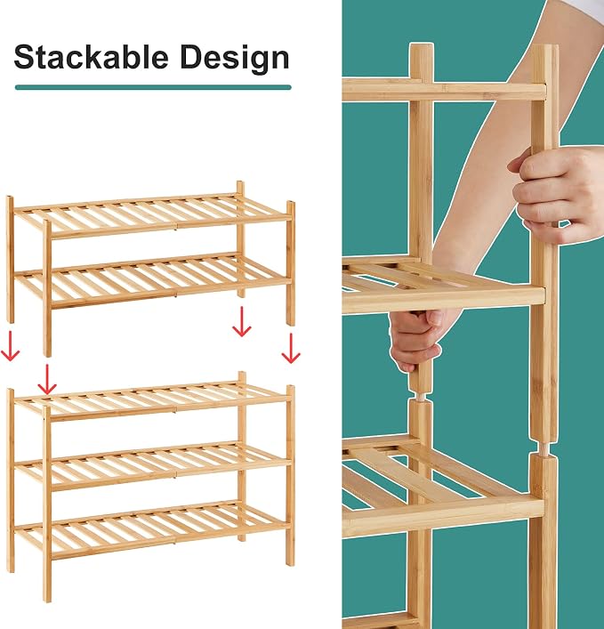 viewcare 5-Tier Bamboo Shoe Rack for Entryway, Stackable | Foldable | Natural, Shoe Organizer for Hallway Closet, Standing Shoe Racks for Indoor Outdoor