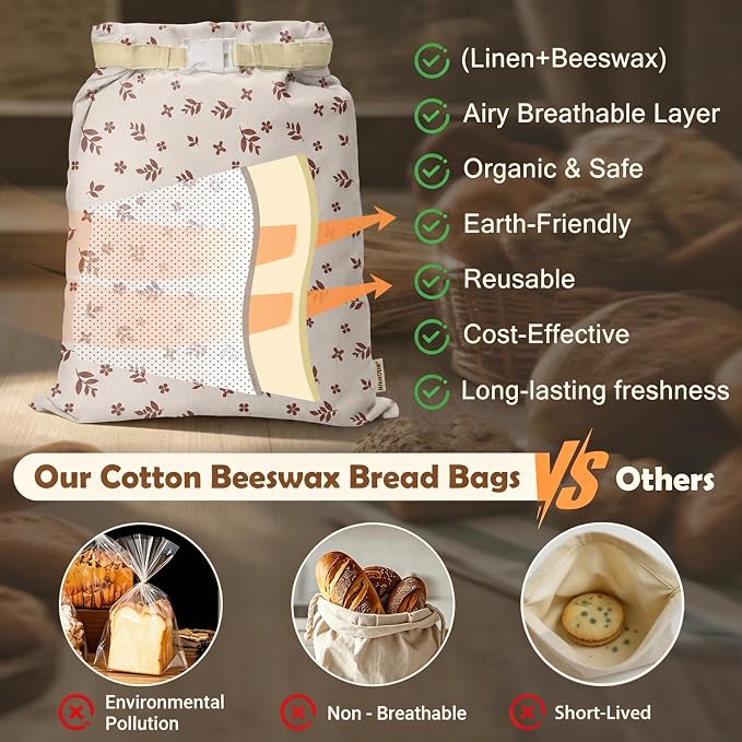 Large Linen Beeswax Bread Bags(2 Pack) Sourdough Bread Bags Reusable Double-Lock Freezer Baking Container Gift Giving for Homemade,Loaf,Sourdough,Food Storage (Vintage Leaf Pattern)