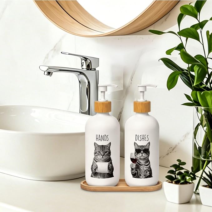 Tabby Cat Hand and Dish Soap Dispenser Set, Cat Lover Mom Dad Owner Gifts Glass Soap Dispenser for Kitchen, Funny Kitty Kitten Refillable Handsoap Pump Bottle for Bathroom Countertop