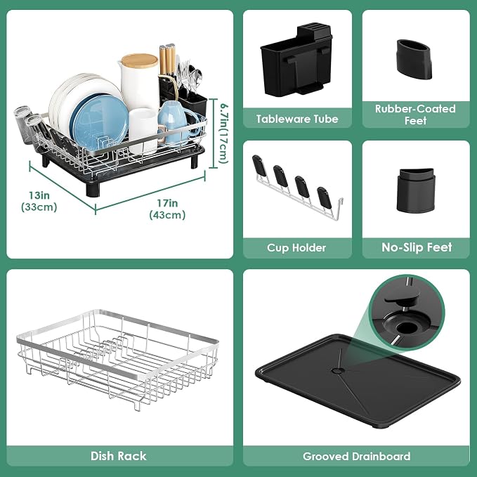 MOUKABAL Stainless Steel Dish Drying Rack for Kitchen Counter, Black Silver | 13×17 Large Capacity/Drainboard with Rotating Spout/Removable Cup & Utensil Holders/Fast Drainage/Countertop Dish Drainer