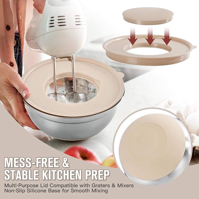 7QT 23PCS Mixing Bowls with Airtight Lid Set, Stainless Steel Nesting Bowls with 3 Graters, Non-Slip Base, Large Prep Bowls 7, 3.5, 2.5, 2, 1.4, 1QT & 14 Measuring Spoons Great for Baking, Serving