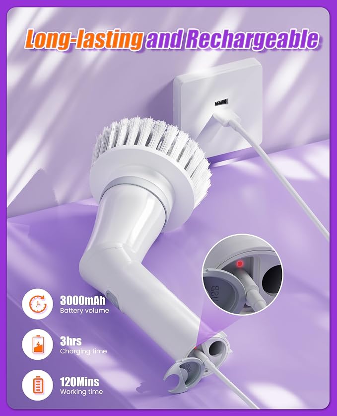 5-Head Electric Spin Scrubber, Shower Brush, Extension Handle | cordless power scrubber, adjustable reach, two speed control, IPX7 waterproof, bathroom floor, tile grout, tub edges, shower